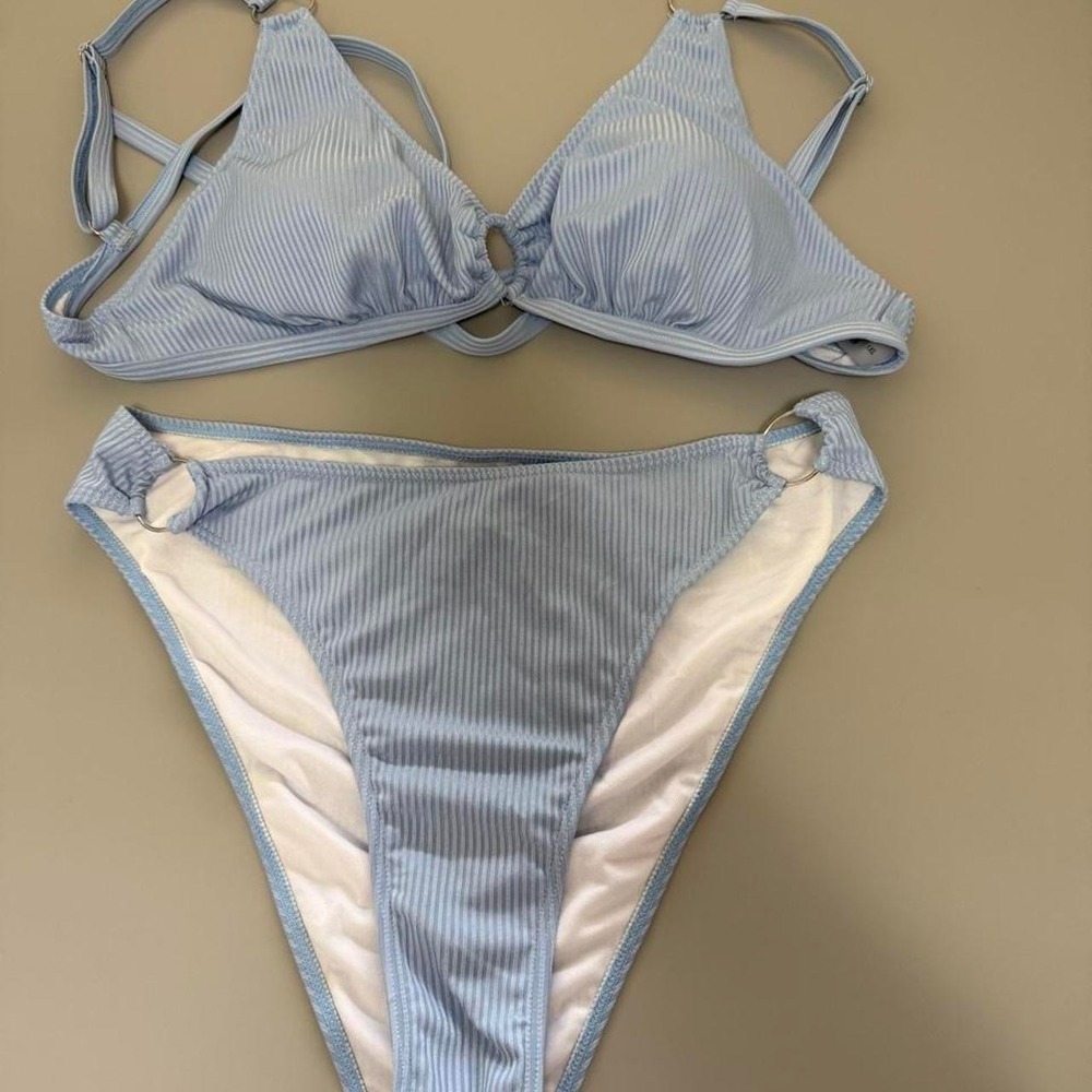 Blue & white striped polyester & elastane bikini set in a 1XLโ